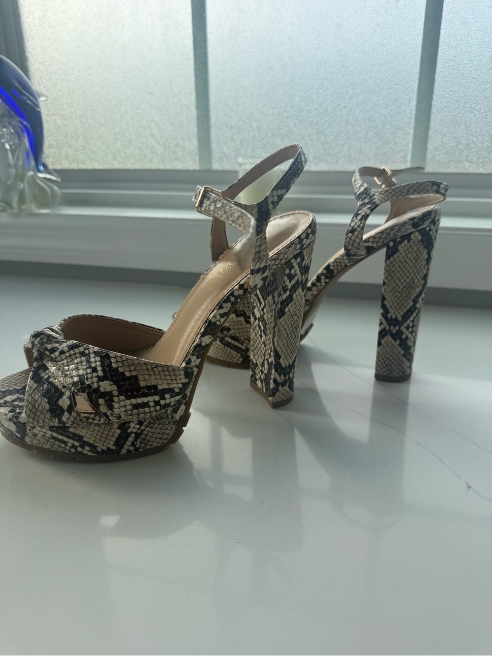 Shoe Dazzle Snake-Print Platform Block Heel Sandals - Black and Cream